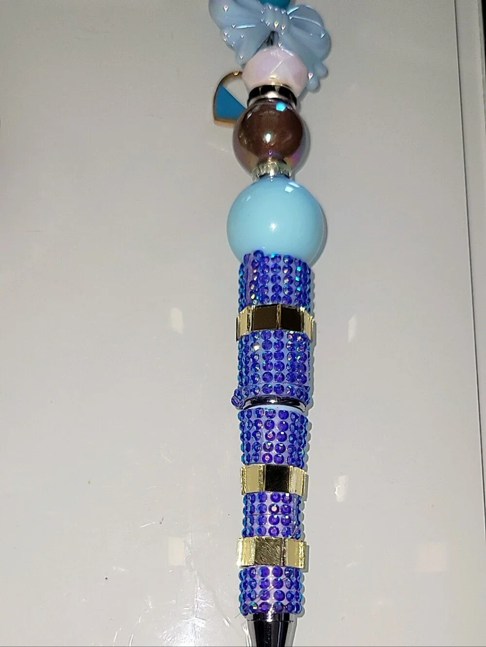 Handcrafted Rhinestone Compact Mirror & Beaded Pen Gift Set Purple Blue Sparkle